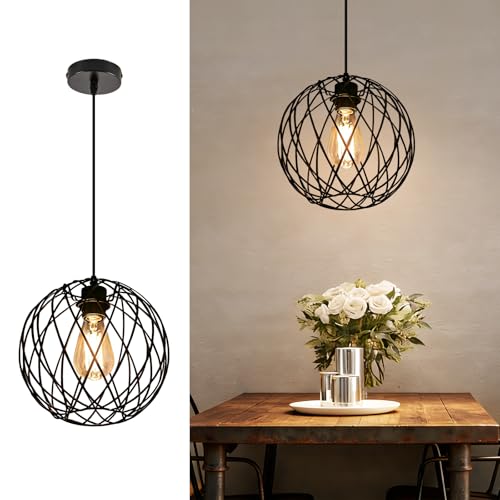Glitzerlife Hängelampe Pendelleuchte Schwarz Vintage - Küchenlampe Hängend Lampenschirm Hängeleuchte E27 1 Flammig Industrial Pendellampe Rund Retro Ø 25cm Esszimmer Esstisch Schlafzimmer Wohnzimmer