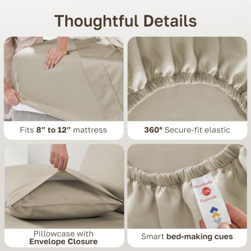 Image of California Design Den Natural 100% Cotton Sheets Twin XL Size Set - Soft Sateen, Twin XL Sheet Sets, 12 inch Pockets, Breathable & Durable Bedding for Dorm Rooms, College Beige (Warm Taupe)