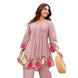 Womentus Women's Chikankari Work Silk 2 Piece Set, White Indian Wear Tunic and Pants...