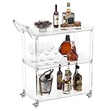 HMYHUM Acrylic Bar Cart with 4 Lockable Wheels, 30.5' L x 15.2' W x 34.5' H, Rolling Serving Cart for The Home Bar, Kitchen, Living Room, with Pulling Handle, Modern, 3-Tier, Clear