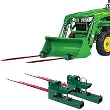49" Hay Spear Attachment, Dual Bale Spears 3000lbs Capacity, Universal HD Front Skid Steer Quick Attach Tractor Loader Bucket Attachment with 2pcs Spears & 2-Inch Trailer Hook Green