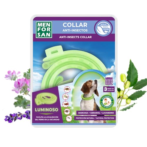 Menforsan Collare Luminescente Anti-Insetti per Cani con 3 Repellenti Naturali Margosa, Geraniol e Lavandin, Lunghezza 57 Cm, Autoregolabile