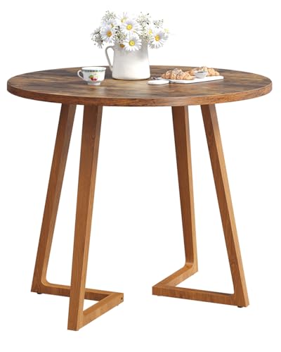 SANYOUNG Round Dining Table with Solid Legs, 31.5" Wooden Kitchen Table for Small Space, Small Dining Table for Dining Room Apartment, Rustic Brown