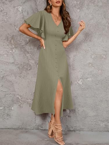 Image of Shasmi Girl's & Women's Pleated Midi Dress with Flutter Sleeves | V-Neck Western Dress for Women | Elegant A-Line Summer Outfit | Office & Casual Wear (Dress 244)