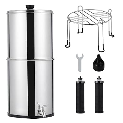 Gravity Water Filtration System 2.25 Gallon,304 Stainless Steel,Gravity-fed Water Filter System with 2 Black Carbon Filters and Stand,Chlorine and L-ead Reduction,for Home,Camping,RVing, Emergencies