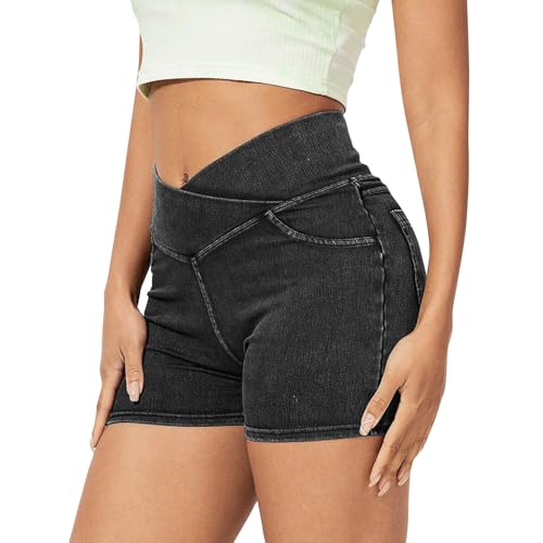 LaiEr Women V Crossover High Waist Denim Shorts Tummy Control Casual Fitness Skinny, Faux Denim Print for Sports Gym Yoga Workout，Fashionable and Casual Matching.(Dark GreyL)