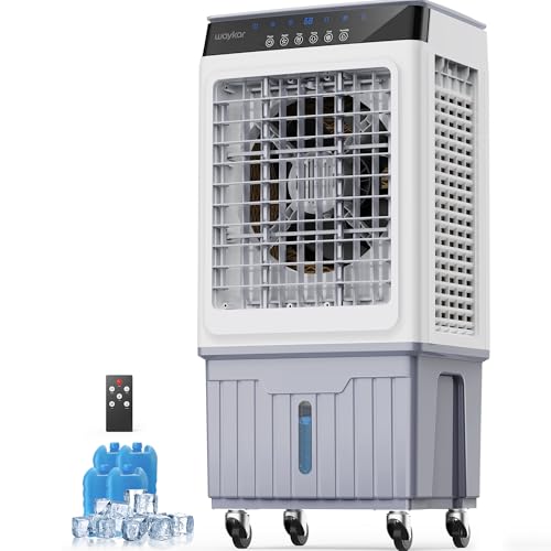 Waykar Swamp Cooler, 4800 CFM Evaporative Air Cooler with 8 Gals Water Tank, 1200 Sq.Ft. Portable Air Conditioner with 4 Ice Pack, 120°/60°Oscillation, 3 Models for Garage, Yard