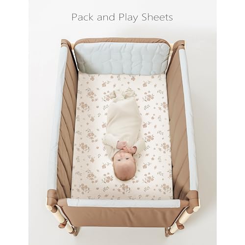 Image of Konssy Muslin Mini Crib Sheets, 100% Soft Cotton Pack and Play Sheets for Pack N Play Mattress, Playard Baby Crib Sheets for Baby Girls(Blossom, Cream)