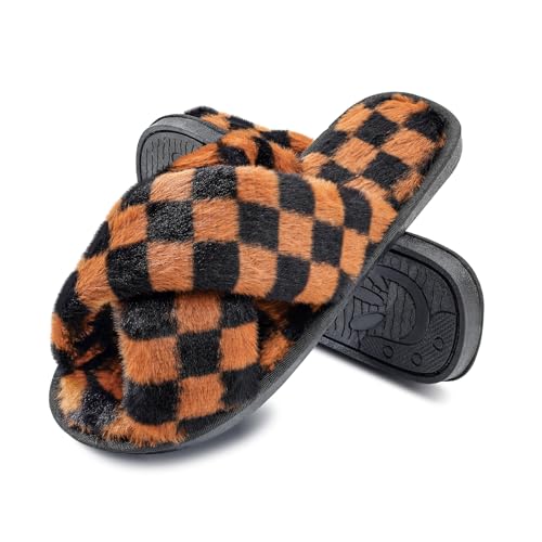 Women's Fuzzy Checkered Slippers, Fluffy Cross Band Open Toe Non-Slip Rubber Sole House Bedroom Shoes