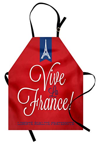 Lunarable French Party Apron, Bastille Day Themed Image With Vive La France And Eiffel, Unisex Kitchen Bib With Adjustable Neck For Cooking Gardening, Adult Size, Red Night Blue #TOP12