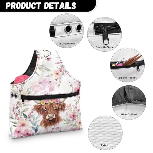 Image of ZUXONGSY Highland Cow Crochet Yarn Bag for Women Pink Floral Knitting Tote Bag for on The Go Travel Portable Knitting Project HanbBag for Crochet Hooks