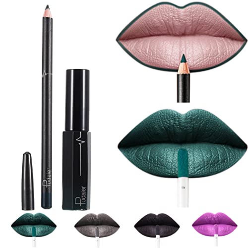 Kisshine Matte Lip Gloss Set Long Lasting Liquid Lipstick Pack Velvet Lipgloss and Lipliner Pencil Sets Smooth Lips Liner Party Lip Makeup Kits for Women and Girls (Green)