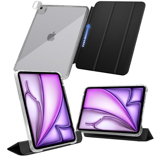 MS factory iPad Air 13インチ ケース M3 M2 用 Pro 12.9 第6/5世代 対応 取り外し可能 軽量 耐衝撃 カバー 縦置き/横置きスタンド アイパッドエアー13インチ 2025 2024 Pro 12.9インチ 第6世代 第5世代 ソフトフレーム 背面透明 リッチブラック 黒 IPDA13m2-SLD-BK