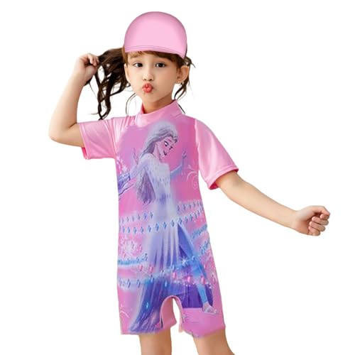 Image of Girls Swimsuits Half Sleeve Rash Guard Swimwear with Matching Cap One-Piece Bathing Suits 2-11 Years
