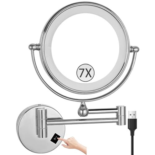 Zayeksole Espejo De Maquillaje De Pared con Luces, Espejo De Aumento 1X/7X Iluminado De Dos Lados, Espejo De Tocador De Baño LED Plegable Giratorio De 360 ​​Grados,Cromo,USB