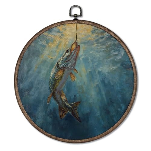 Giosve Vintage Coastal Beach Fish Round Wall Art Canvas Framed Poster, Fishing Lovers Gifts for Women Men, Ocean Fishing Scene Hanging Wall Sculptures for Home Bedroom Living Room Decor, 10x10 Inch by Giosve - Used condition - US$12.23