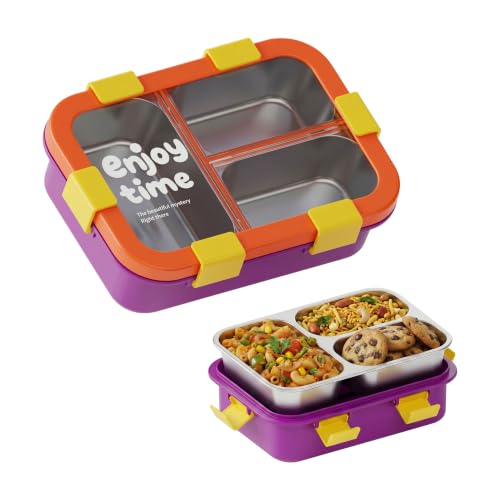Image of ATTRO JoyBox Steel Lunch Box, 3 Compartment, Stainless Steel Inner Tray, Leakproof Airtight Lid, 4-Side Locks, BPA-Free Food Grade Lunch Box for Kids, School & Office - Purple-750ml