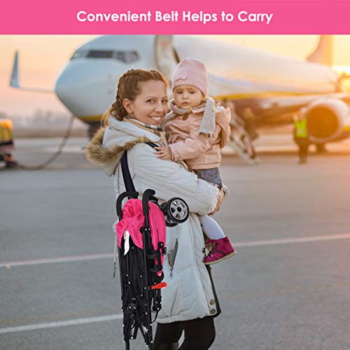 BABY JOY Lightweight Stroller, Compact Travel Stroller, Infant Stroller w/Adjustable Backrest & Canopy, Cup Holder, Storage Basket, 5-Point Harness, Easy Fold, Umbrella Stroller for Toddler, Pink - Thumbnail 6
