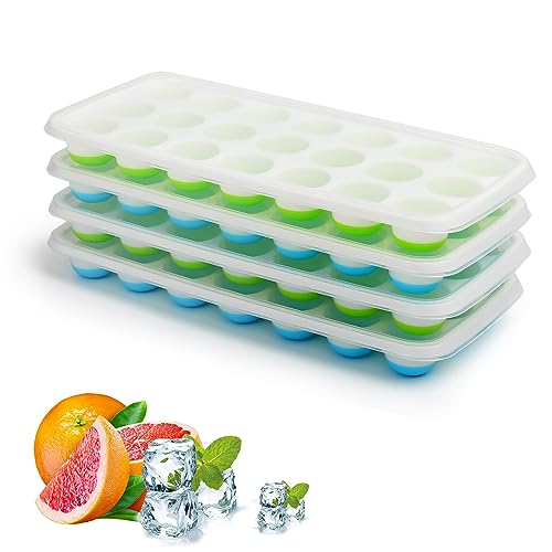 HOUJIP Bandejas para cubitos de hielo, silicona de fácil liberación y 21 bandejas flexibles para cubitos de hielo con tapa extraíble resistente a derrames, sin BPA, para cóctel, congelador, bandejas