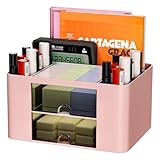 Newpop Organizer Scrivania, Portapenne da Scrivania con 5 Scomparti e 2 Cassetti, Organizzatore Multifunzionale di Penne Ufficio in Plastica, Portaoggetti Accessori da Scrivania per Casa, Scuola, Rosa