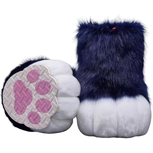 Fursuit feet Paws Shoes kit Plush Furry Boots fursuit Costume paw Shoes Halloween Accessories Cosplay Costume Comic Exhibition（Navy Blue）