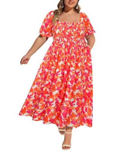 Image of RITERA Plus Size Dresses for Curvy Women Square Neck Short Sleeve Summer Floral Smocked Maxi Dress with Pocket XL-5XL