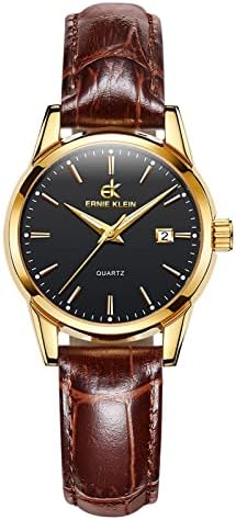 ERNIE KLEIN Watches for Women, Brown Leather Watch Bands for Women, Fashion Quartz Women's Watches, Gold Case Watch for Lady, Gifts Watch for Girlfriend, Black