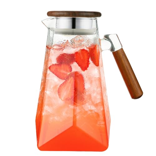 FANKAQI 1.8 Liter 60 oz Glass Pitcher with Wooden Lid & Handle - Heat-Resistant Borosilicate Jug with Trident Star Design, Perfect for Iced Tea, Lemonade, Cold Brew & Party Drinks (Clear, 60 oz)