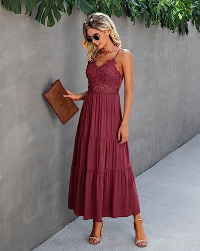 Image of Dokuritu Women's Beach Crochet Lace Maxi Dress Solid Color Summer Vacation Wedding Guest Spaghetti Strap Long Dress