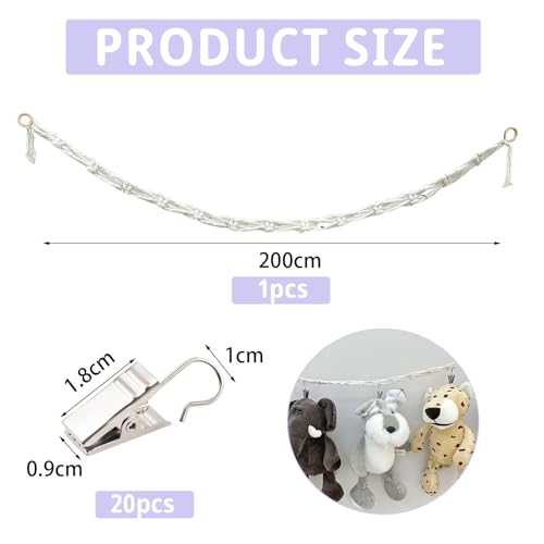 2M Hängender Stofftierhalter mit 20 Metallklammern, Kuscheltier Aufbewahrung Stofftier Aufbewahrung Böhmischer Stil Aufbewahrung Kuscheltiere für Dekoration, zum Aufhängen von Hüten, Weihnachtskarten