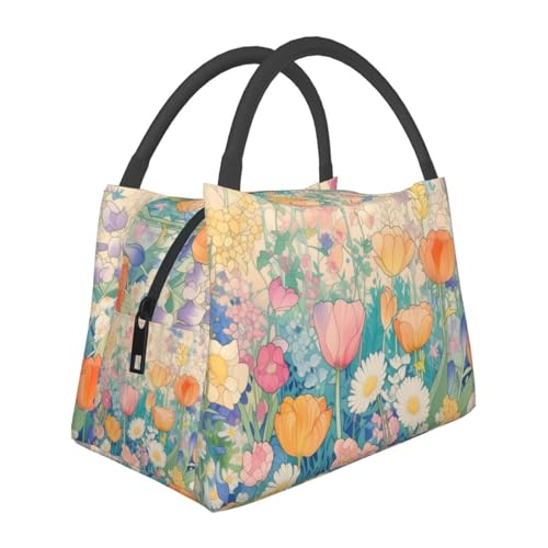 Image of NAITIZ watercolor and ink flower Lunch Bags For Women,Water Resistant Large Lunch Tote With Pockets,Reusable,Printed,For Office Work Picnic, 20240503