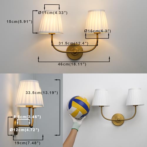 Image of Yosoan 2-Light Antique Brass Wall Sconce, Gold Modern Hardwired Vanity Classic E26 Base Light Fixture with Soft Pleated White Fabric Shade for Bathroom Bedroom Hallway Home Indoor Decor(Antique)