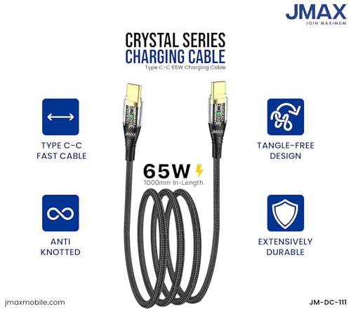 Image of Jmax USB Type C Cable 1 m Crystal Series 65W Type C to Type C Fast Charging Cable with Smart LED Indicator | Transparent Charging Head | PD Supported (Compatible with MOBILE, LAPTOPS, TABLET, COMPUTER