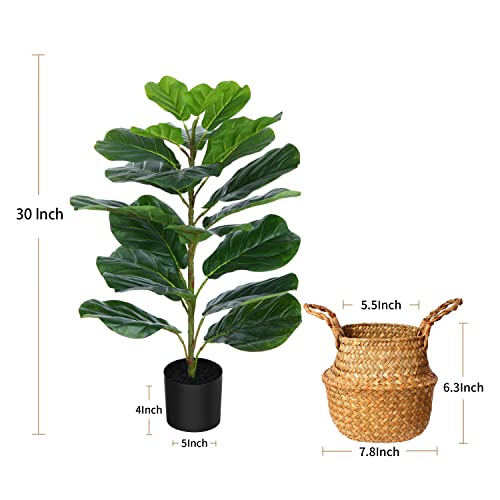 Mosade Artificial Fiddle Leaf Fig Tree 30" Fake Potted Ficus Lyrata Plant With Handmade Seagrass Basket, Perfect Faux Plants Home Décor For Indoor Outdoor Office Porch Balcony Bedroom Bathroom Gift #TOP6