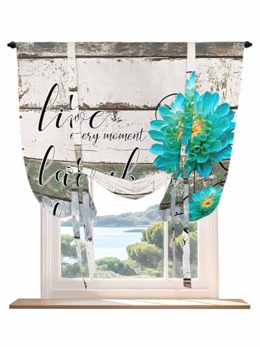 Tie Up Curtains for Windows Teal Floral Roman Shade 52 x 45 Inch Bathroom Curtains Window Farmhouse Green White Blue Wooden Rod Pocket Short Balloon Curtains for Living Room Kitchen Small Blinds