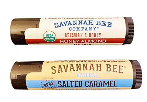 Savannah Bee Company Beeswax Lip Balm 0.15 Oz Pack of 2! 2 Flavors Honey Almond and Salted Caramel! Natural and Organic Lip Balm! Choose Your Flavored Lip Balm! (Honey Almond & Salted Caramel)