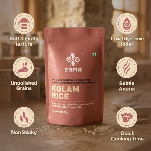 Image of Zama Organics Kolam Rice 1kg | Naturally Aged Aromatic Rice | Everyday Cooking Rice | Long Grain Rice | 1kg Pouch