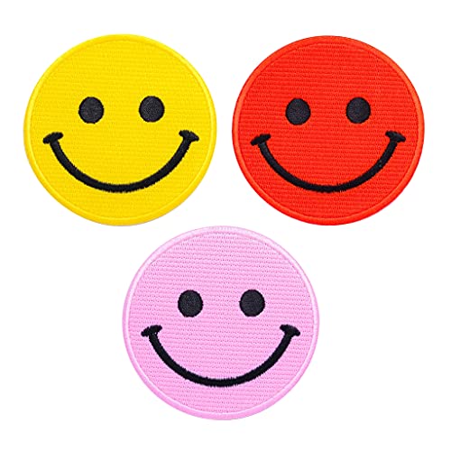 3 pcs Smiley face Patches for Clothing - Smiley face Iron on Patch - Emoji Iron on Patches for Clothing Trendy - Iron on Patches lot - Vibrant Color - Easy Application and Stick Well - 3 Colors