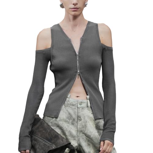 Image of URBAN REVIVO Women Cold Shoulder Sweater Cardigan Long Sleeve V Neck Zip Up Knitted Sweaters Top Fall Winter