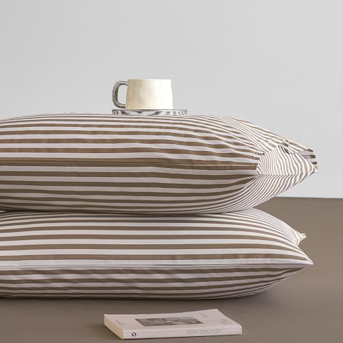 JELLYMONI Cotton Printed Striped Pillowcases Set of 2, Tan, Standard