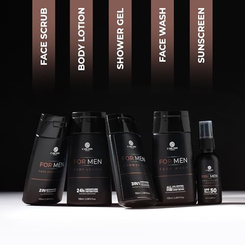 Image of Carlton London Men Gift Set 5 - Facewash, Body Lotion, Shower gel, Sunscreen spray, and Face scrub + mask | Cruelty free best for men and boys - 450ml