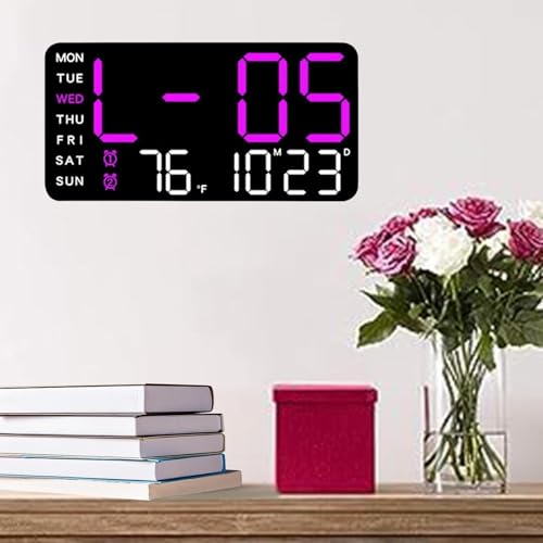 Image of EASEPRES Digital Wall Clock 9 inch LED Large Display, Electronic Wall Mounted & Desk Clock, Day Date Temperature Dual Alarm, 5-Level Adjustable Brightness, USB Powered for Bedroom Office Home (Purple)