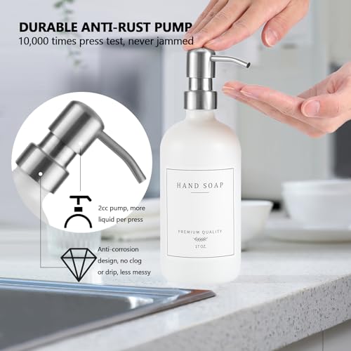 Thick Glass Soap Dispenser - Kitchen Dish Hand Soap Dispenser Set, Rustproof Pump Soap Lotion Dispenser Bathroom with Tray,14 Stickers for Kitchen Decor White Bottle/Silver Pump by eggs sound - Used condition - Image 5