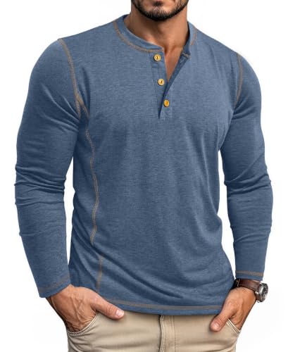 RQP Mens Long Sleeve Henley Shirt Cotton Lightweight Basic Pullover Blue