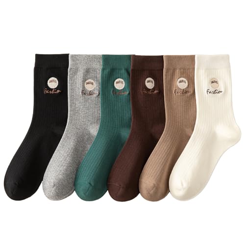 Image of 6 Pairs Women's Crew Socks - Cute Embroidery, Solid Color Cotton, Casual & Breathable Socks