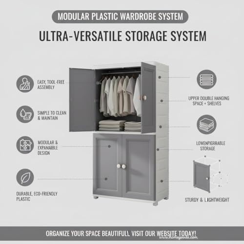 Image of Sunderlook Plastic Wardrobe for Kids Clothes - Foldable Collapsible Wardrobes for Clothes, Large Cupboard for Storage for Men and Women (Grey, 4 Door)