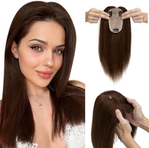 Elailite Hair Toppers for Women Real Human Hair Free Parting for Thinning Hair Clip in Hair Pieces for Hair Loss Cover Gray Fine Hair 6 Inch #4 Chocolate Brown