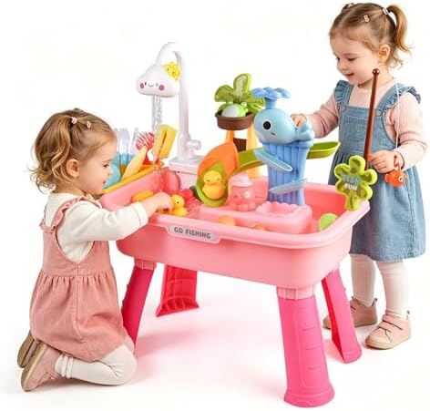 Ploomi Upgraded Toddler Sand Water Table Toy with Electric Water Pump, Kids Sand Water with Faucet/Play Food Accessories/Fishing Toy, Kitchen Play Sink Toys for Girl Boy Age 3+