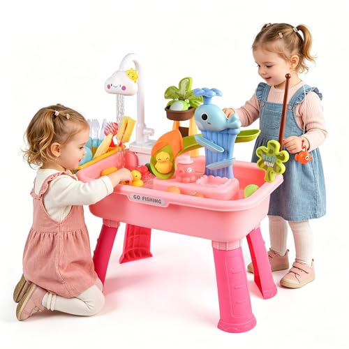 Ploomi Upgraded Toddler Sand Water Table Toy with Electric Water Pump, Kids Sand Water with Faucet/Play Food Accessories/Fishing Toy, Kitchen Play Sink Toys for Girl Boy Age 3+