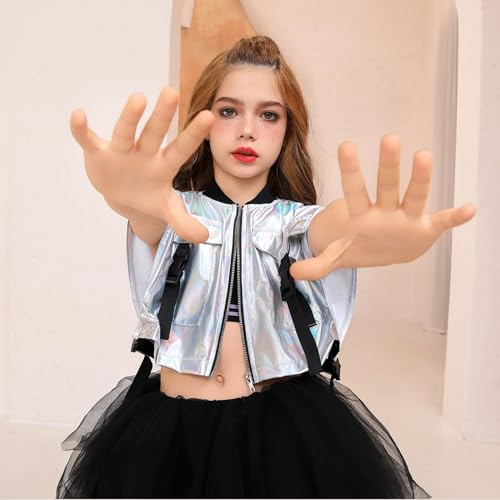 Image of Perfashion Girls Vest Cropped Cargo Metallic Jacket Buckle Zip Up With Pockets Streetwear Outfit 4-13Y